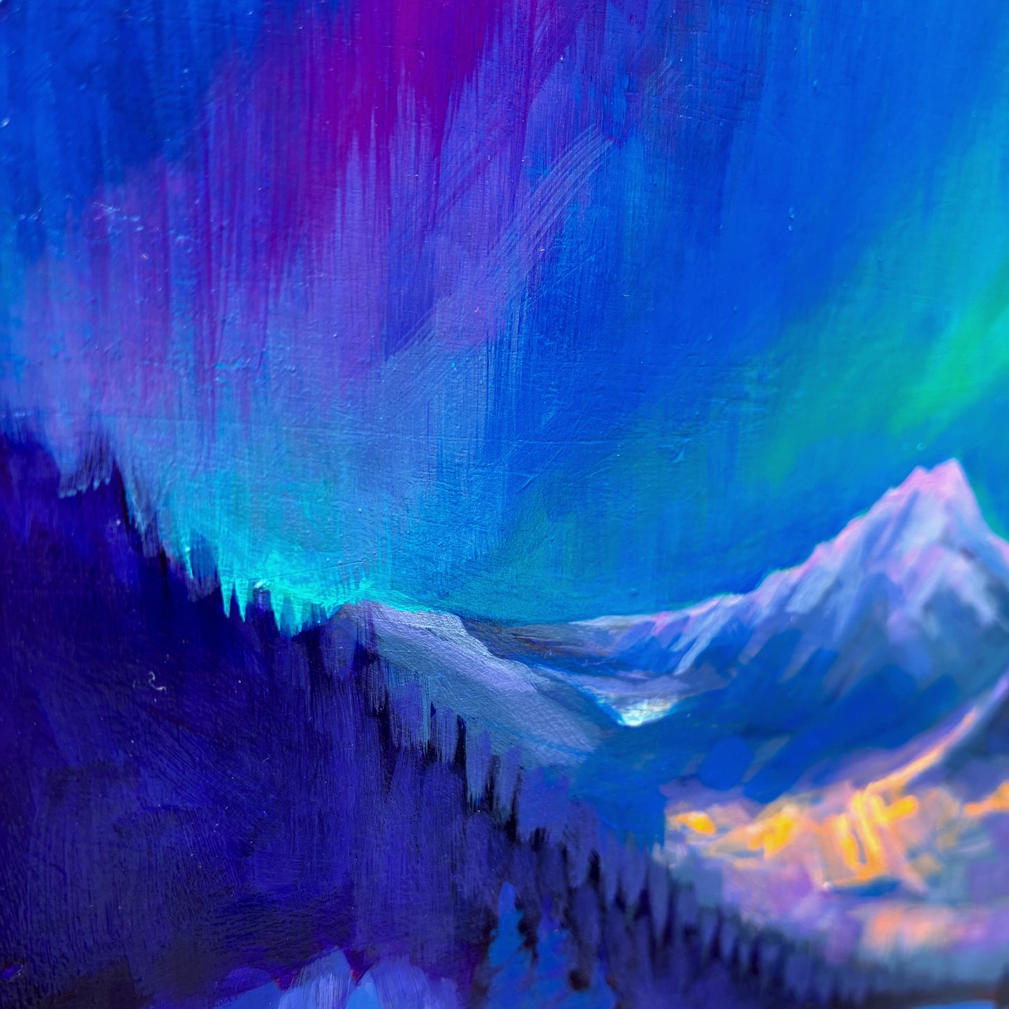 Peinture à l'huile 'Banff's Equinox', panneau de bouleau 16 x 16