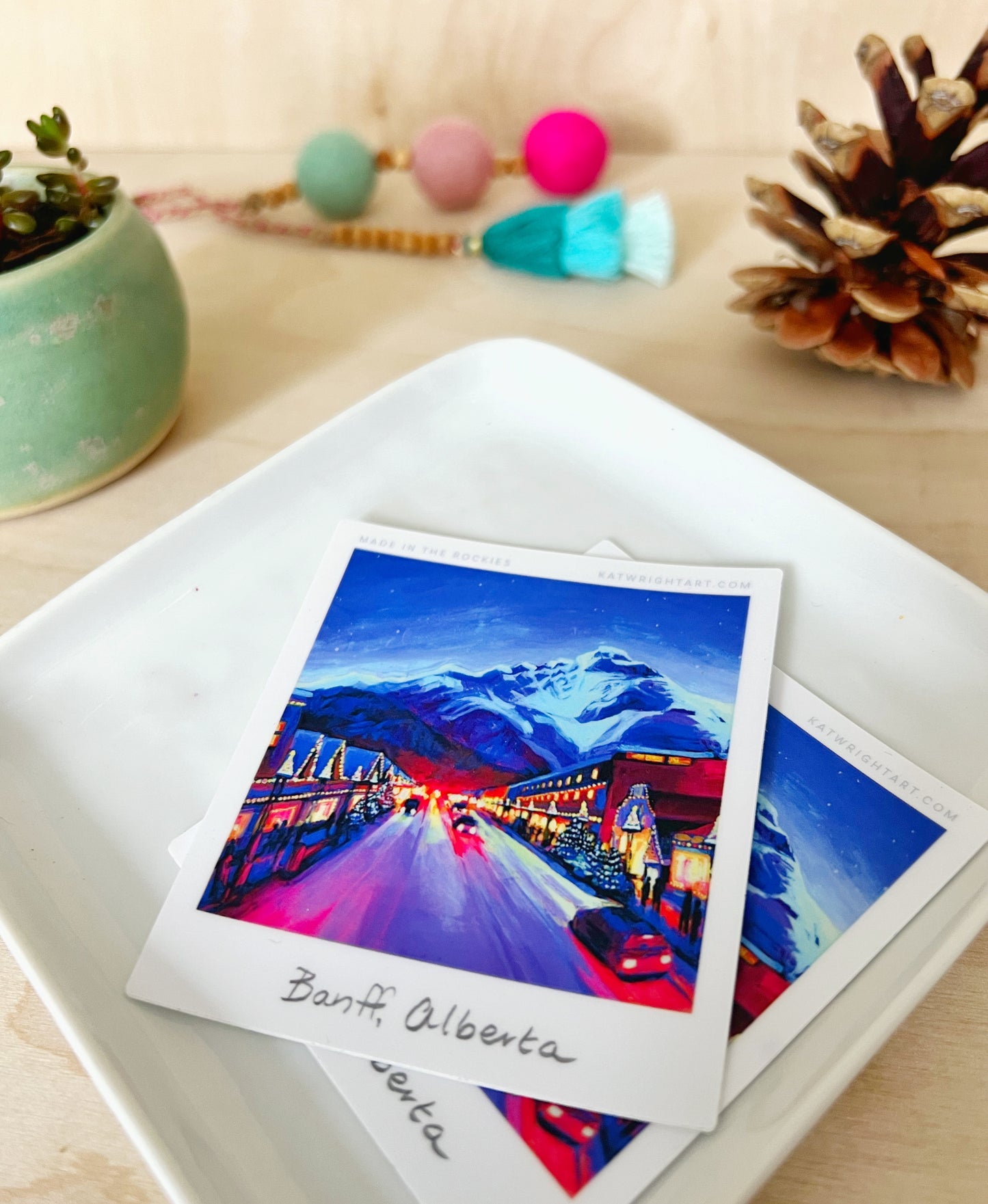 Vinyl Polaroid Sticker - Festive Banff Avenue, Banff National Park
