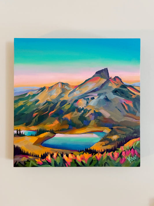 Peinture à l'huile 'Banff's Equinox', panneau de bouleau 16 x 16
