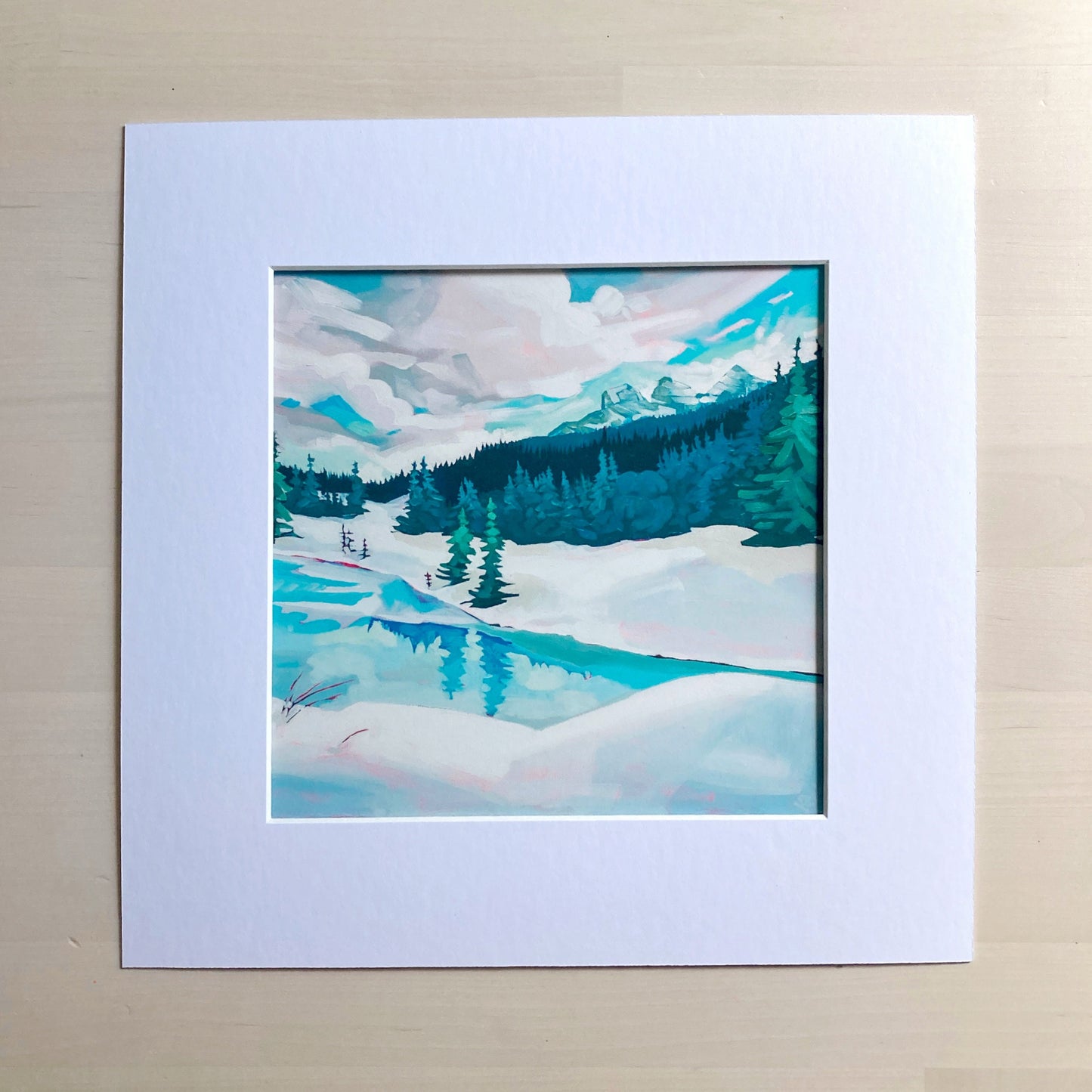 ‘Janell’s Pond’ Canmore Three Sisters Matted Art Print 8x8