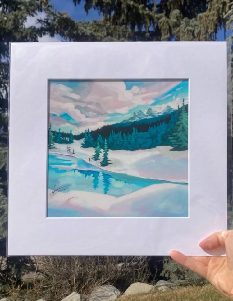 ‘Janell’s Pond’ Canmore Three Sisters Matted Art Print 8x8