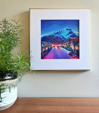 'Festive Banff Avenue' Matted Art Print 8”x8”