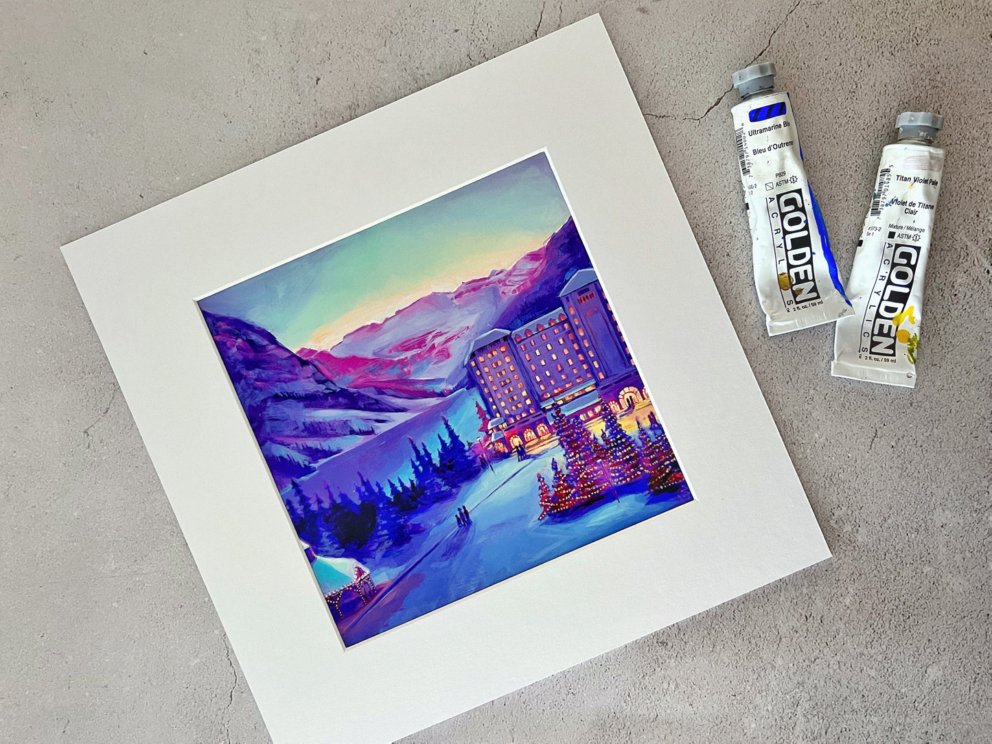 « Une nuit tranquille au château » Lake Louise Matted Art Print 8x8