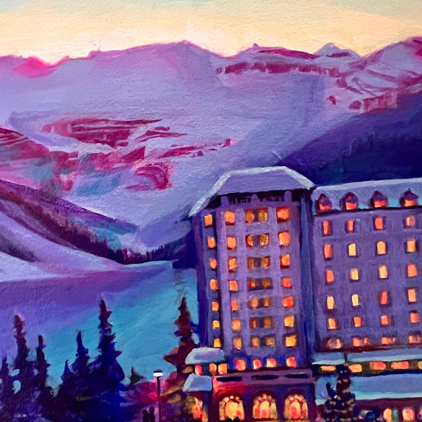 « Une nuit tranquille au château » Lake Louise, peinture à l'huile 12 x 12 panneau de bouleau