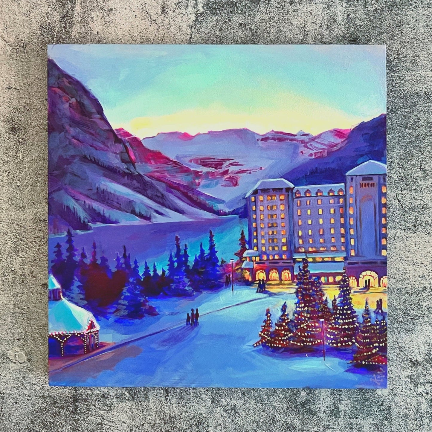 « Une nuit tranquille au château » Lake Louise, peinture à l'huile 12 x 12 panneau de bouleau