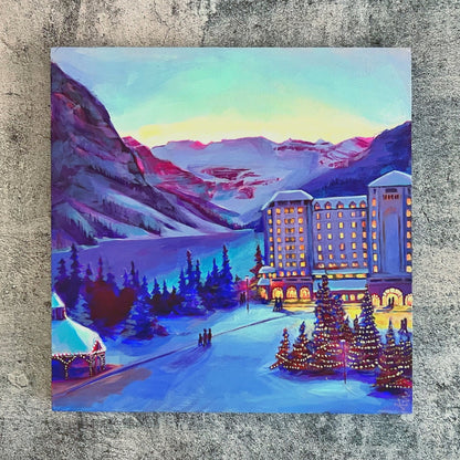 « Une nuit tranquille au château » Lake Louise, peinture à l'huile 12 x 12 panneau de bouleau